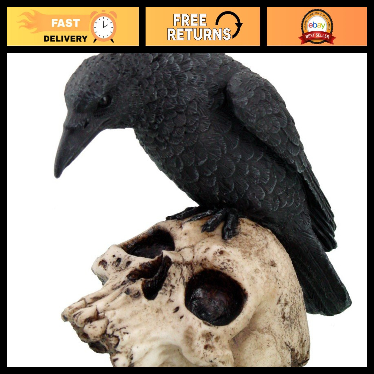 Halloween Black Raven on Skull Statue - 5 Inch Decorative Figurine for Home Deco
