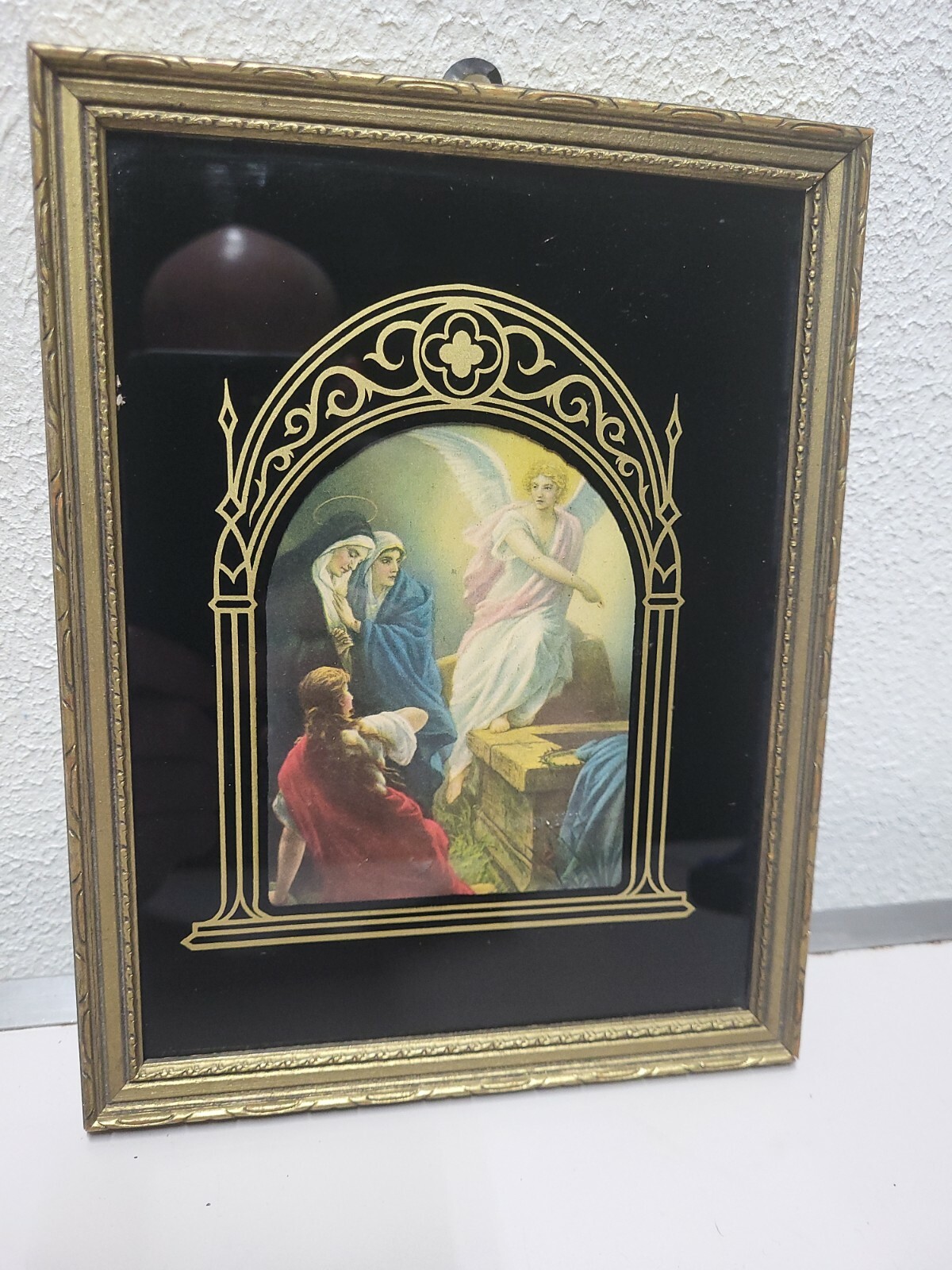 Vintage Litho Card He Is Risen 1187 UsA antique Framed  Black Glass Xmas 1939 