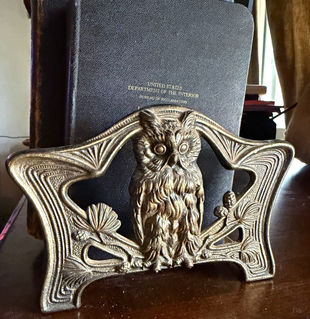 Antique H.L. Judd #9776 Art Nouveau Owl Expandable Book Rack Cast Iron Brass