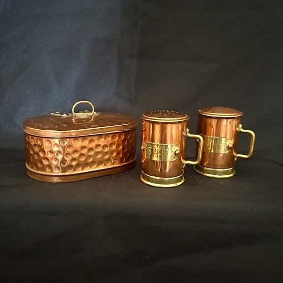VINTAGE 1960’s SCANDINAVIAN COPPER & BRASS HINGED BOX and SALT/PEPPER SHAKERS