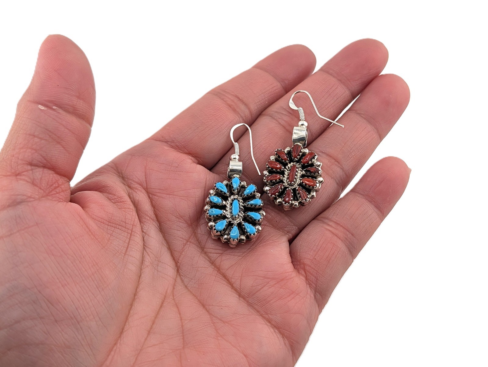 Navajo Reversible Cluster Earrings Kingman Turquoise & Red Coral Jewelry