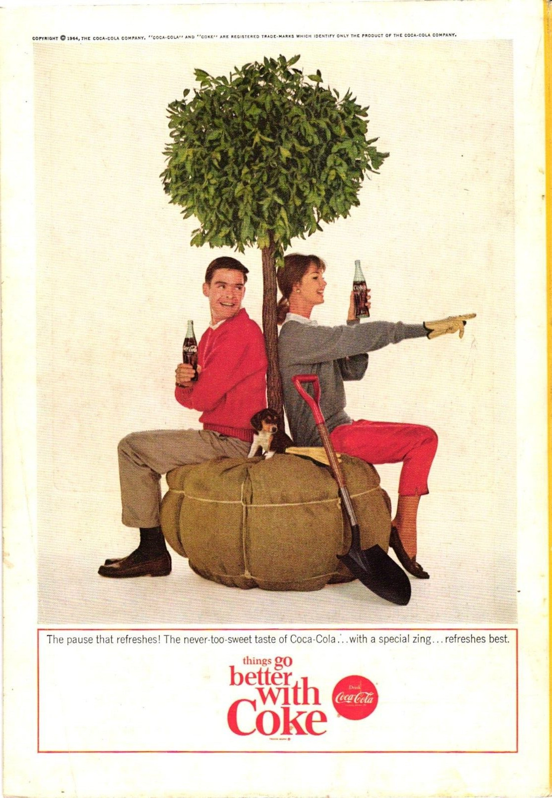 Coca Cola Print Ad Couple & Beagle Dog Under Tree Drinking Coke Vintage c1964