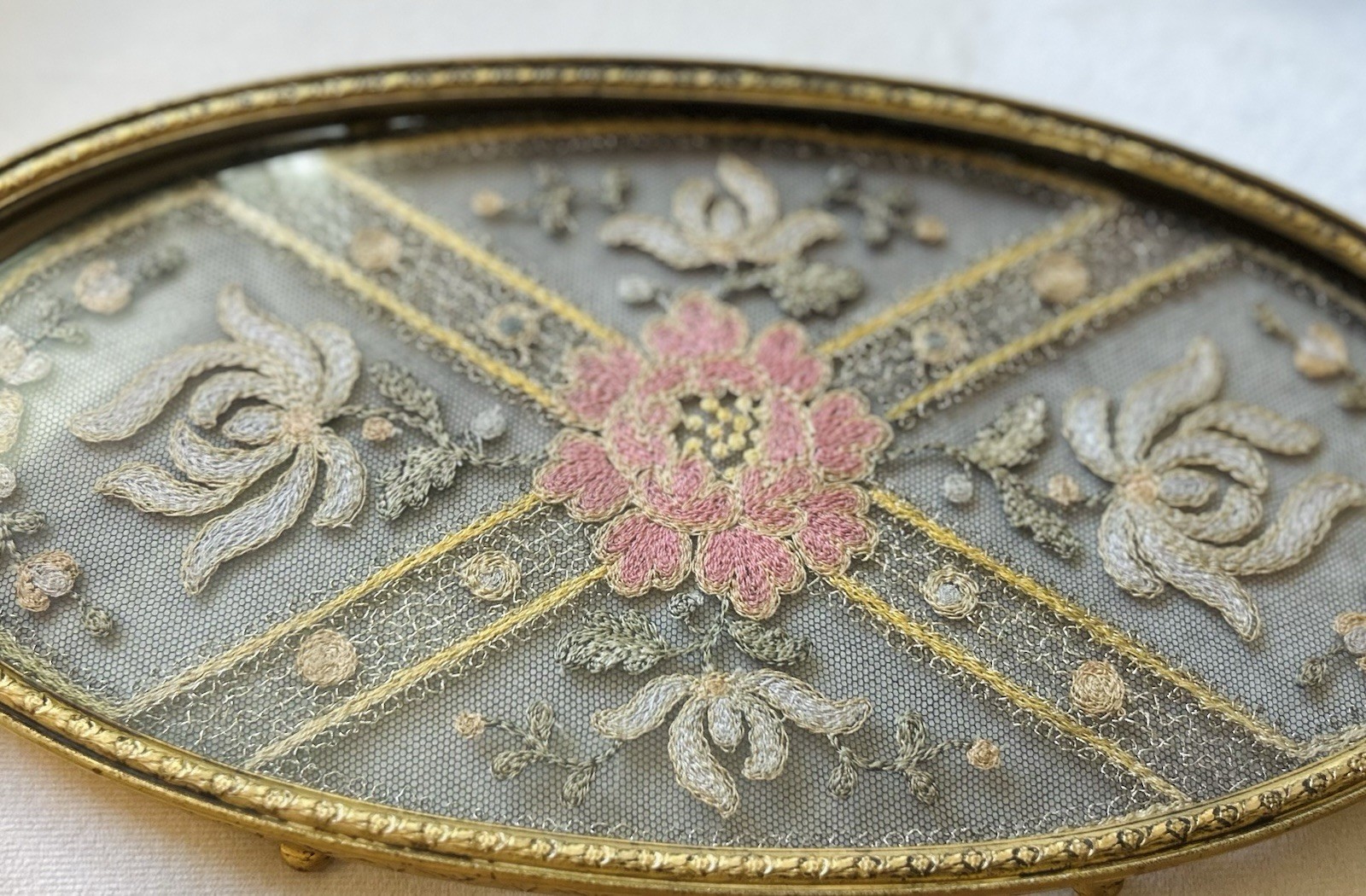 PRISTINE TEXTILE 13” ANTIQUE Apollo Studios Gilt Vanity Tray W/ Lace-EMBROIDERY