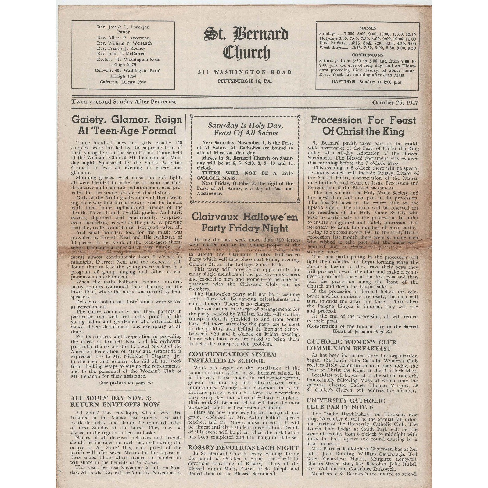 1947 St Bernard Church Pittsburgh PA Vintage Bulletin October 26 Ephemera