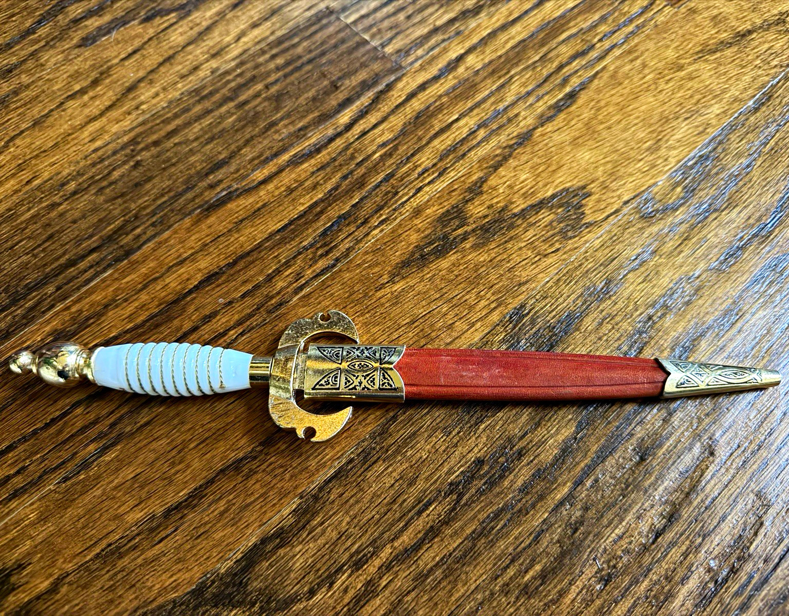 Vintage Ornate Miniature Dagger / Letter Opener with Sheath – Gold-Tone & White