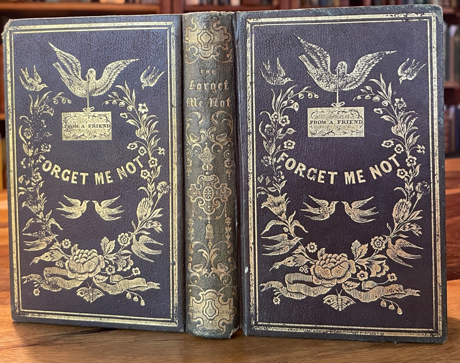 Antique Gilt Leather Book c1845 Forget Me Not Christmas Gift Victorian Illustrat