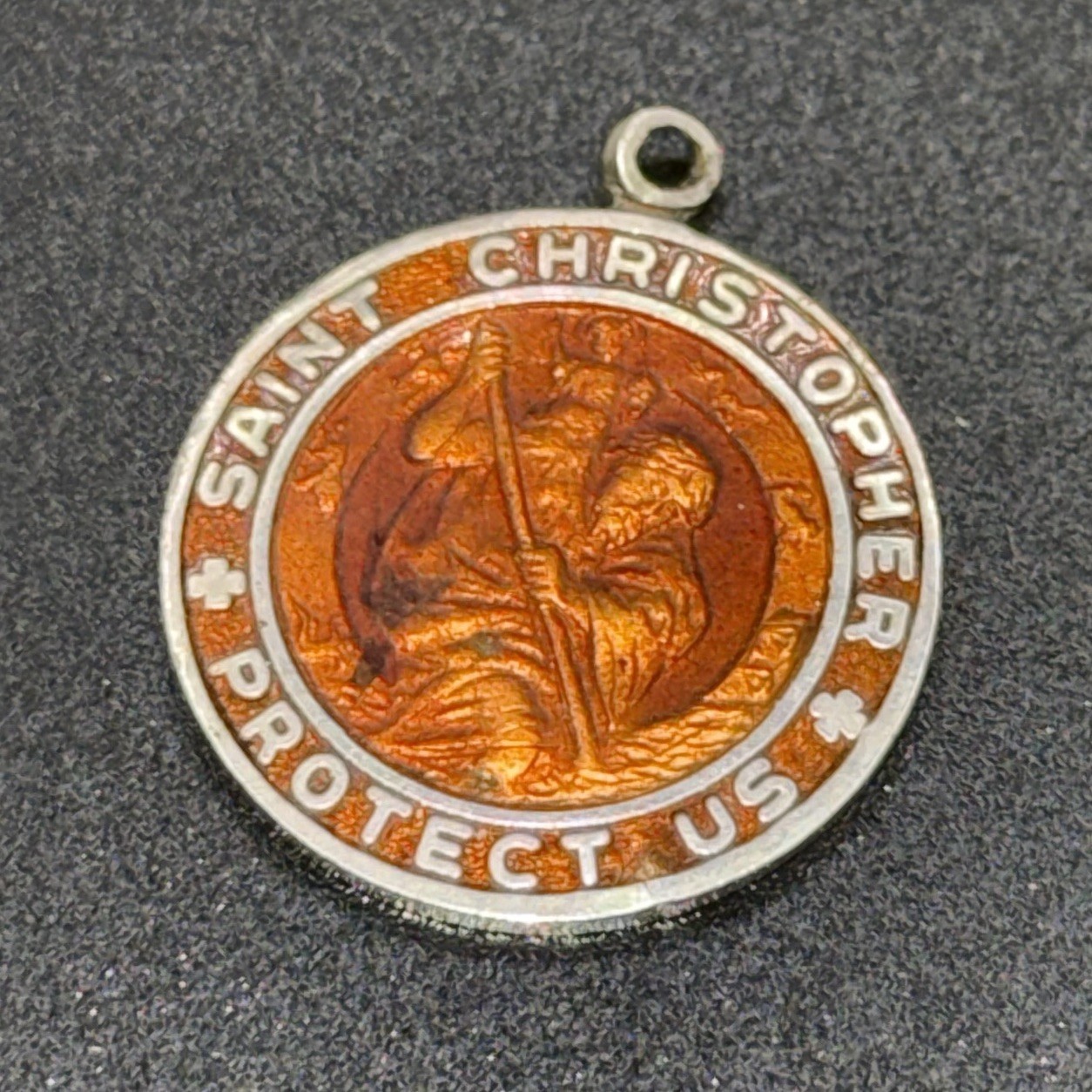 Vintage Rare Saint Christopher Medal Pendant Amber Enamel Religious Protect Us