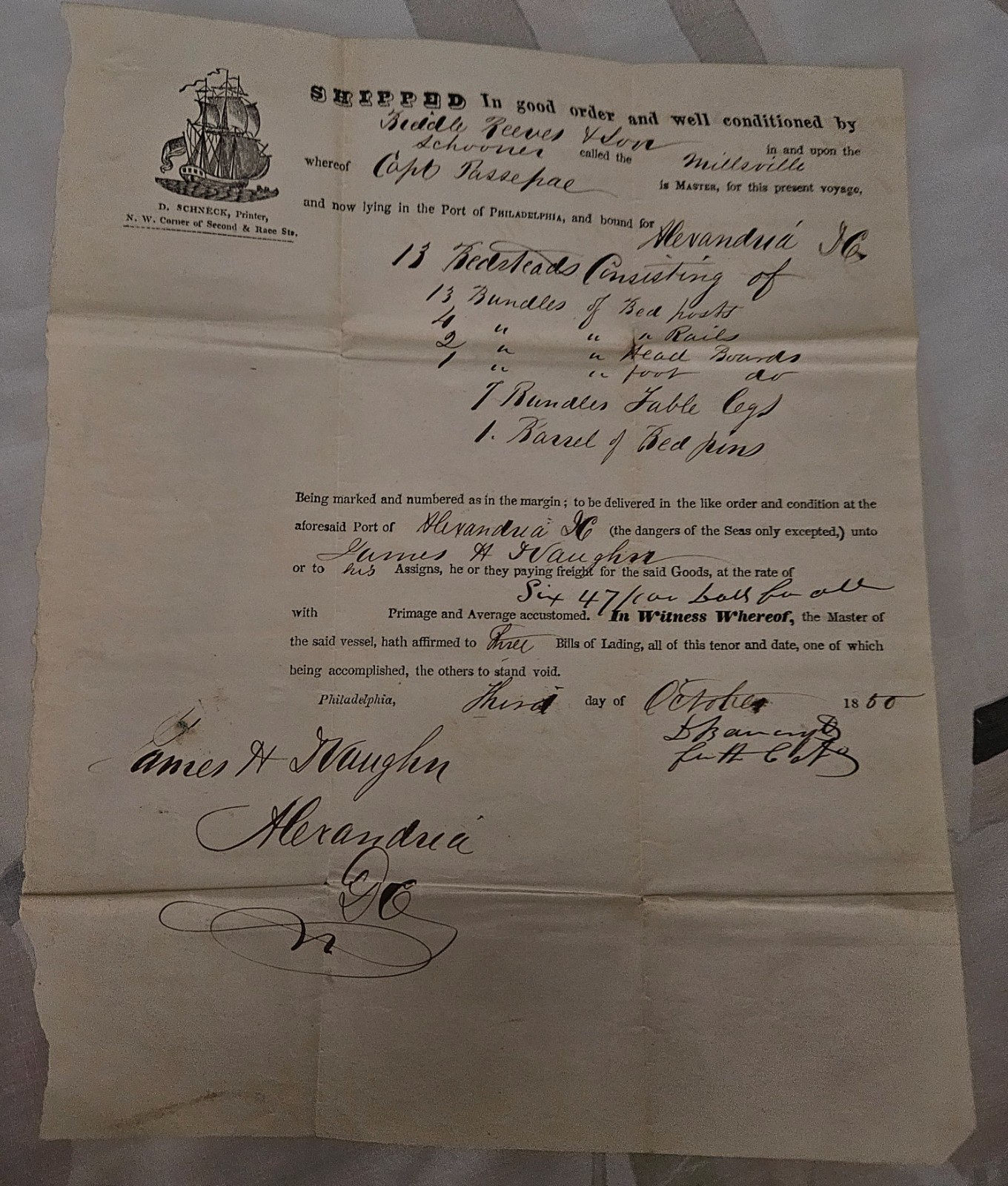 1850 Antique Bill of Lading Schooner Milleville Philadelphia to Alexandria V