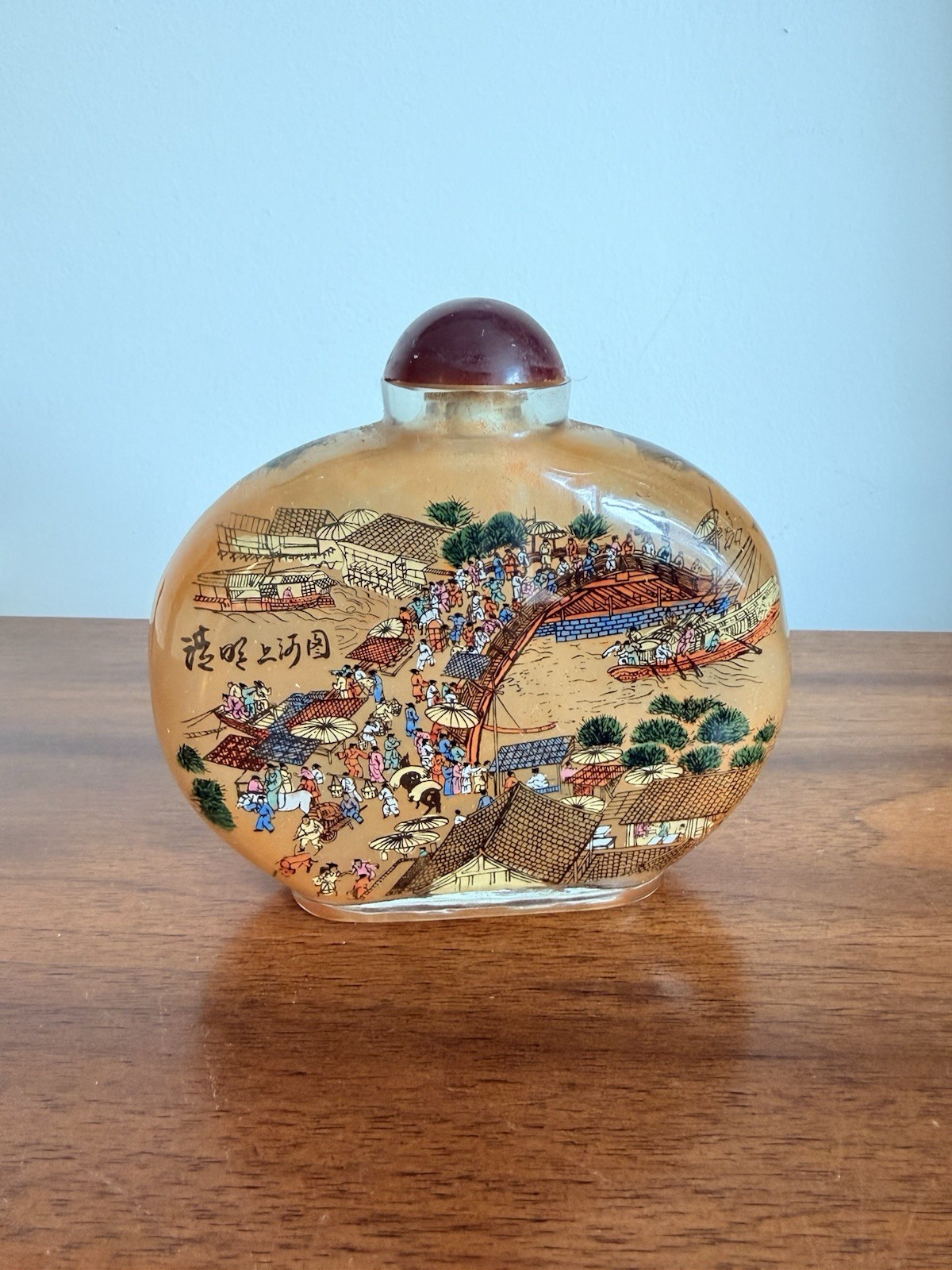 Vintage Large Chinese Reverse Painted Glass Snuff Bottle Qingming Festival Scene