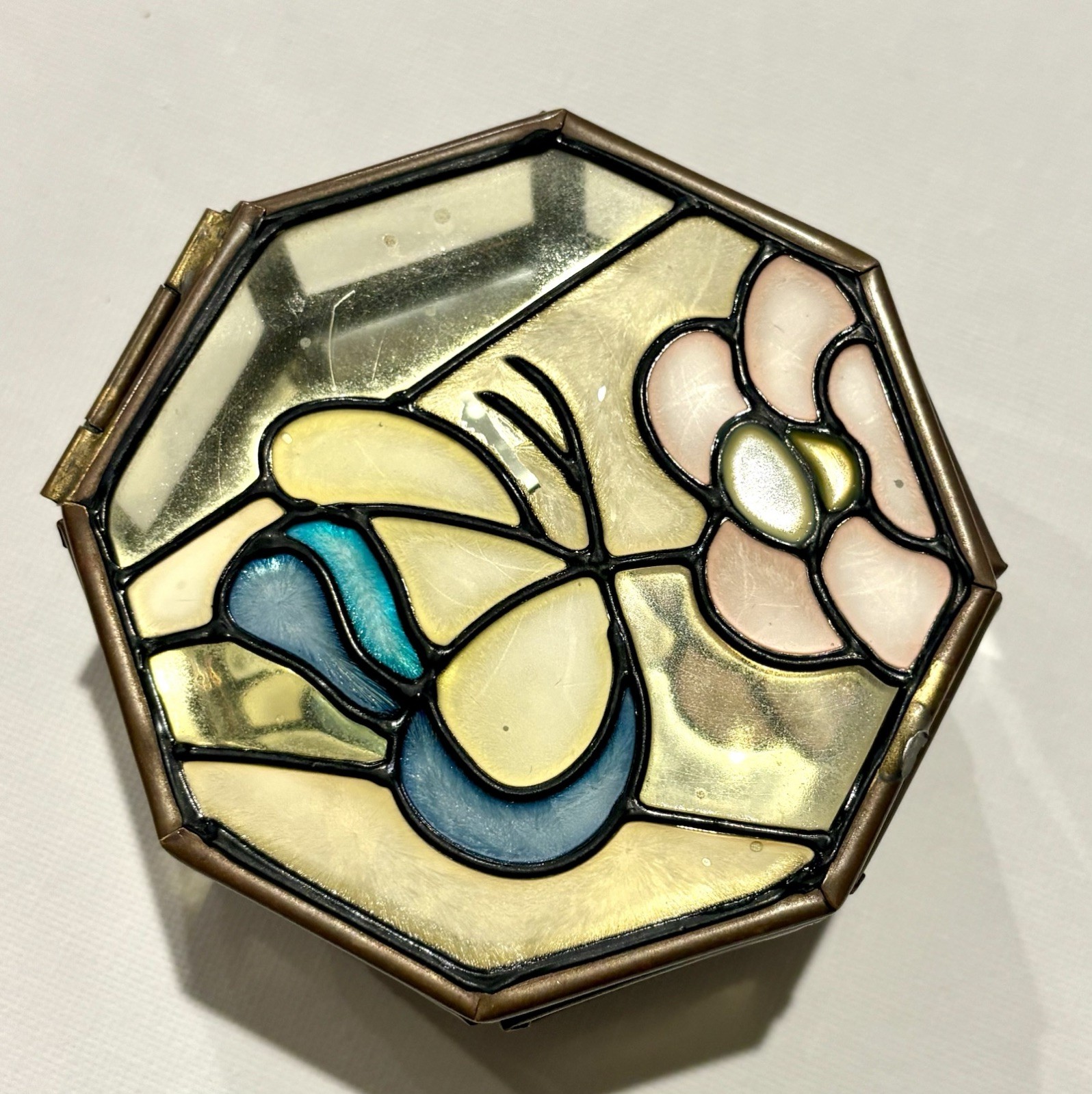 Vintage Hand Crafted Glass Mirror Trinket Box Brass 3”