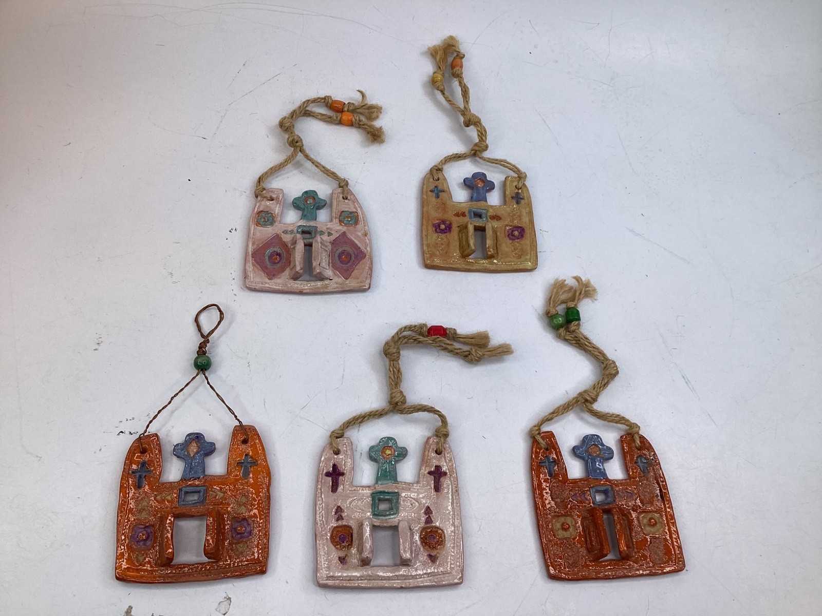 5 Mexico Folk Art 3” Terra Cotta Pottery Vintage Mission Church ornament (F2)