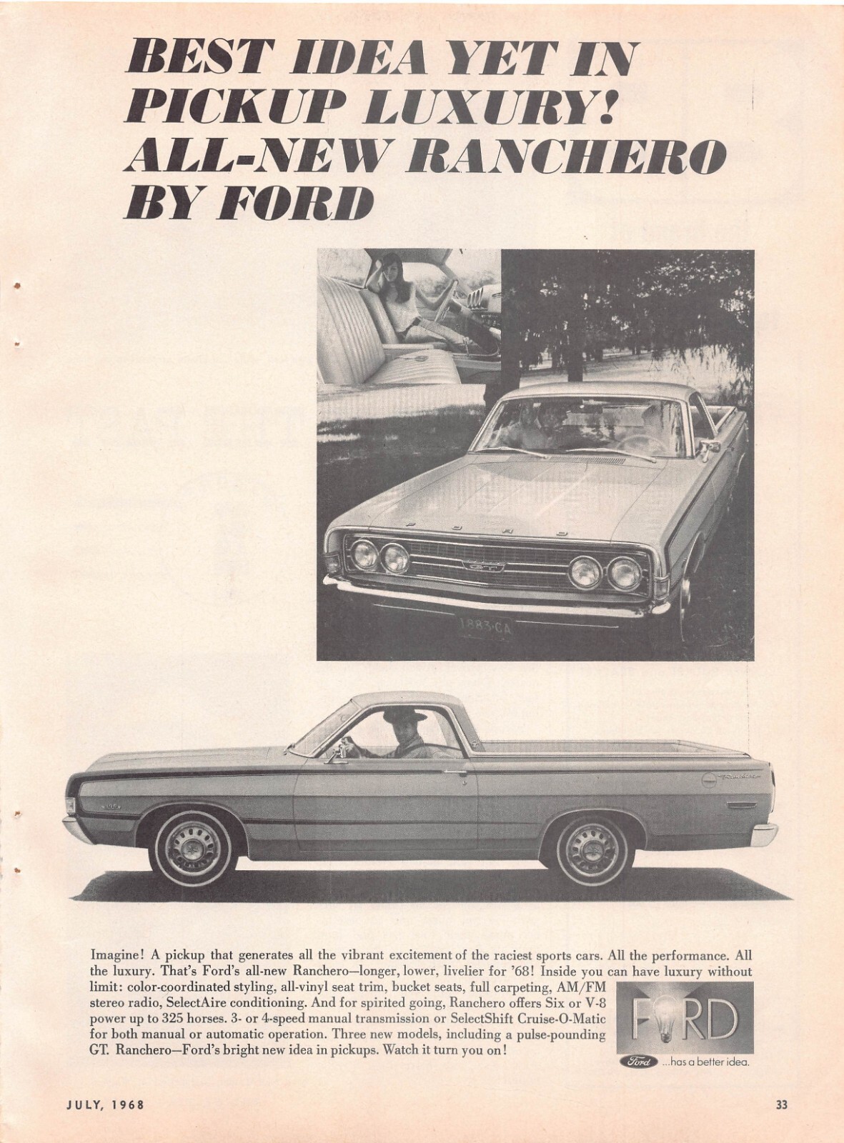 1968 Ford Ranchero GT Vintage 1968 Print Ad Western Magazine Cowboy Hat Driver