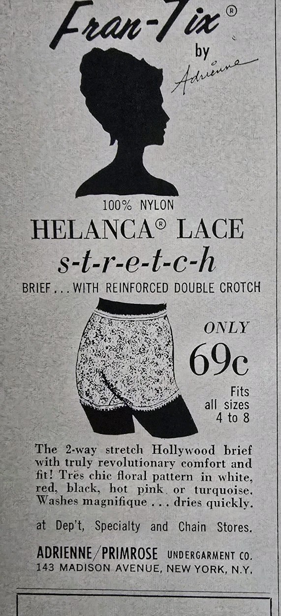 1962 Women's Fran-tix Nylon Helanca Lace Stretch Panties vintage Ad