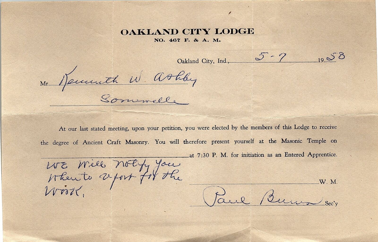 1953 OAKLAND CITY INDIANA MASONIC ANCIENT CRAFT MASONRY KENNETH ASHBY 37-30