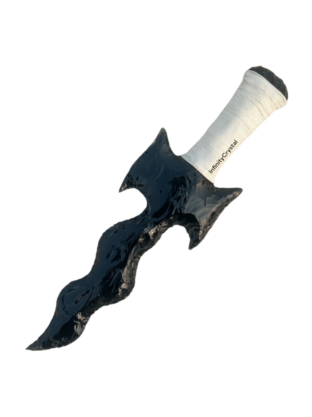 12” Handcrafted Obsidian Dagger – Carved Blade Ritual Knife,White Thread Wrapped