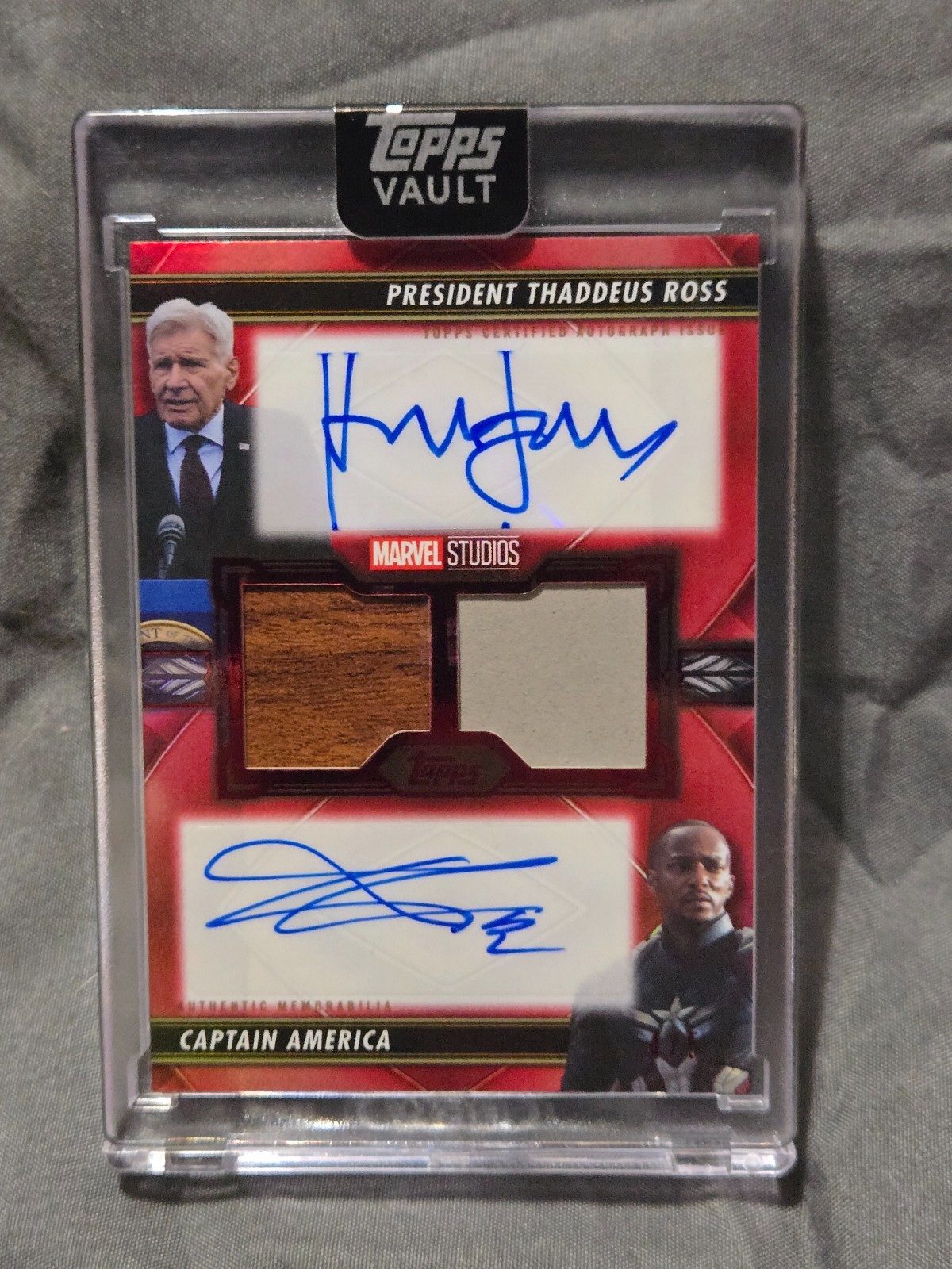 2026 Topps Marvel Vault Dual Auto Relic Harrison Ford / Anthony Mackie Red /5 