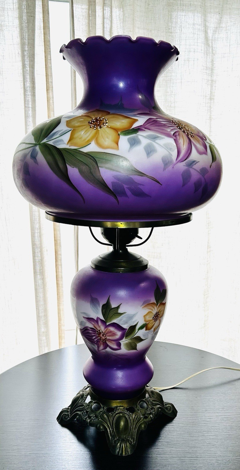 Vintage Purple GWTW Hurricane Parlor Table Lamp Handpainted Floral 26” 