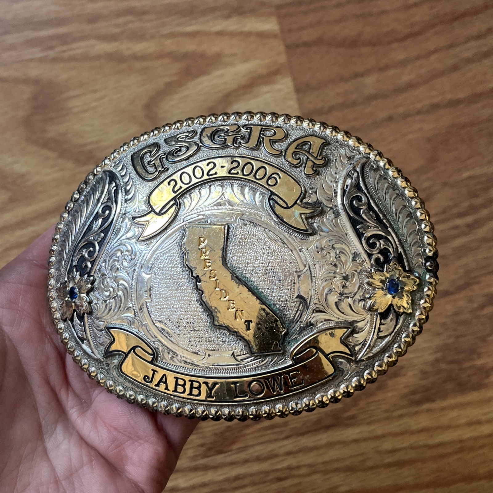 Vintage GIST USA Solid Bronze Trophy Belt Buckle GSGRA Gay Rodeo President Jabby