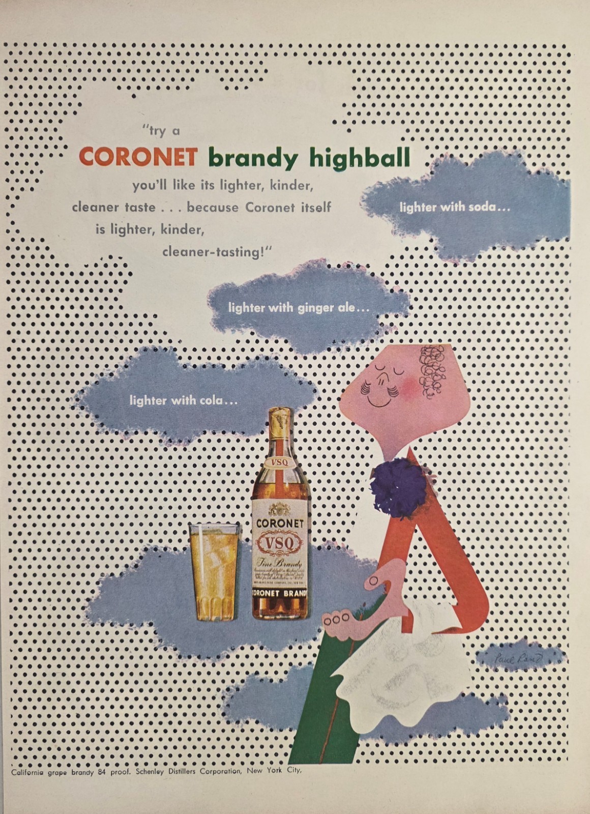 1947 Print Ad Coronet VSQ Fine Brandy Highball Cartoon Waiter Schenley Distiller