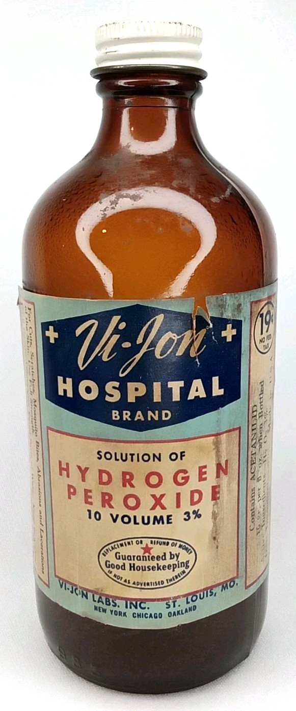 Antique 1940s Advertising Amber Glass Bottle With Paper Label Hydrogen Peroxide
