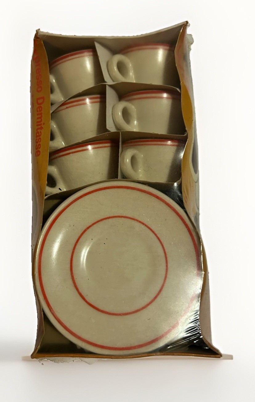 NOS VTG VANDEL RED STRIPE SET OF 6 ESPRESSO/DEMITASSE CUPS+SAUCERS MADE IN CHILE