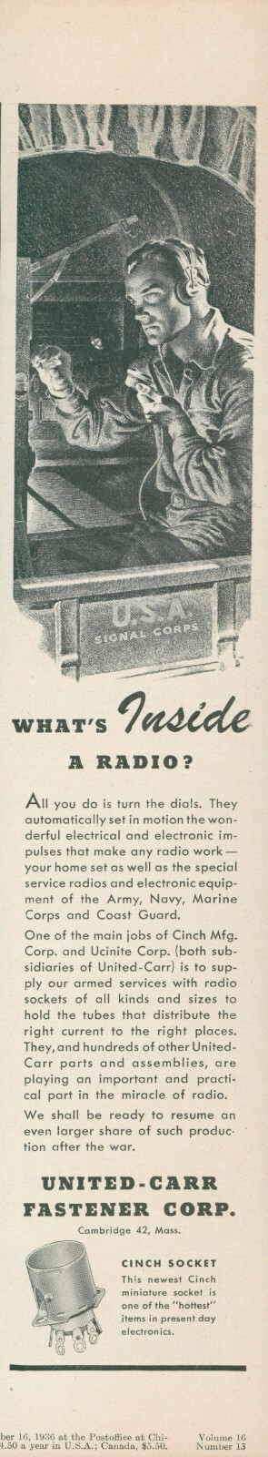 1944 United Carr Fastener Armed Services Radio Sockets Vintage Print Ad L28
