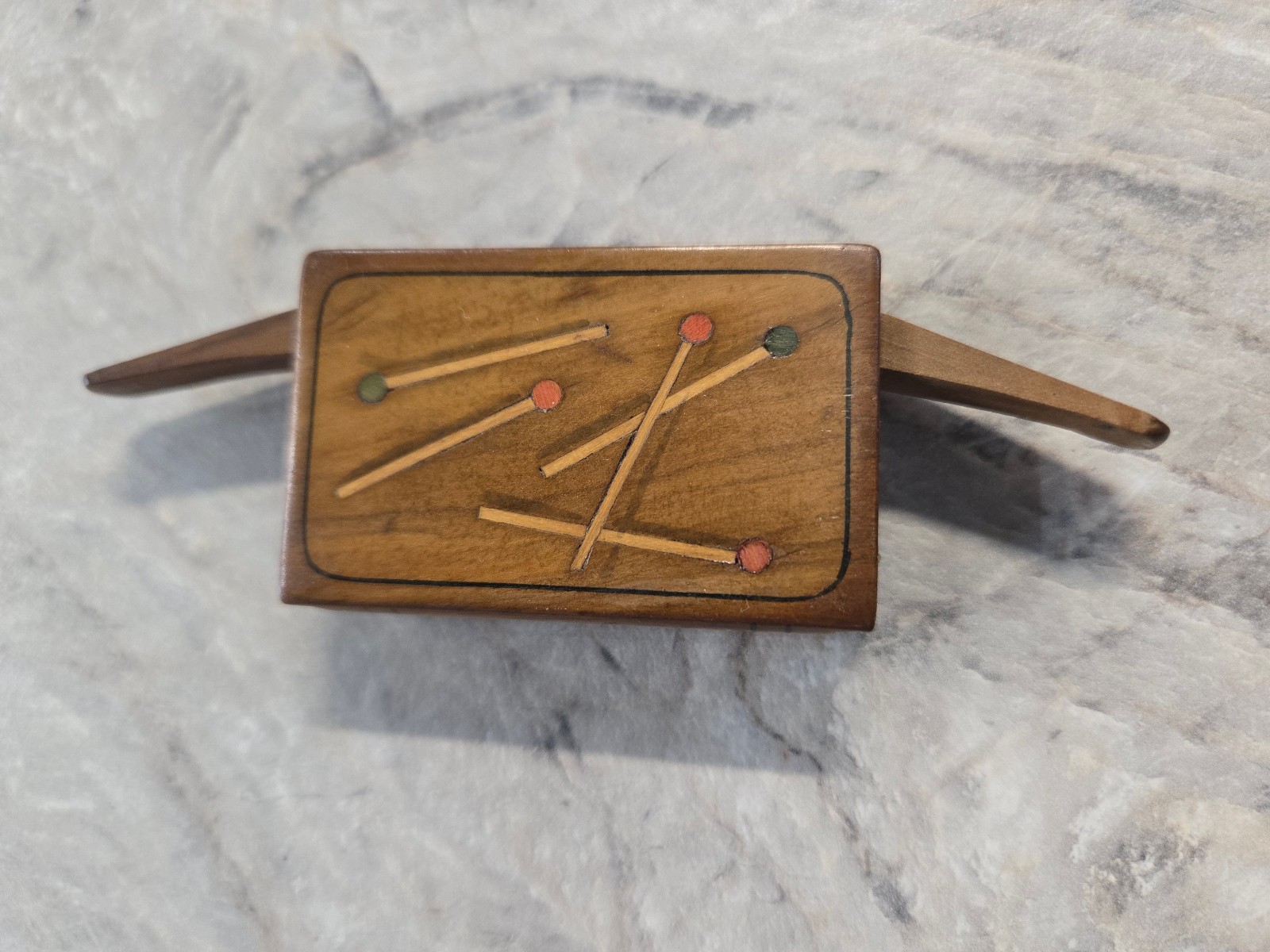 Antique Victorian Era Wooden Match Safe Vesta Case Inlaid Wood Matchsticks