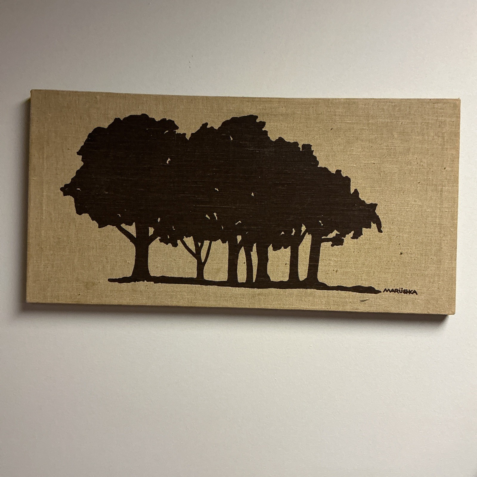 Vintage MCM Marushka Brown Monotone Forest Trees Silkscreen Linen On Stretcher