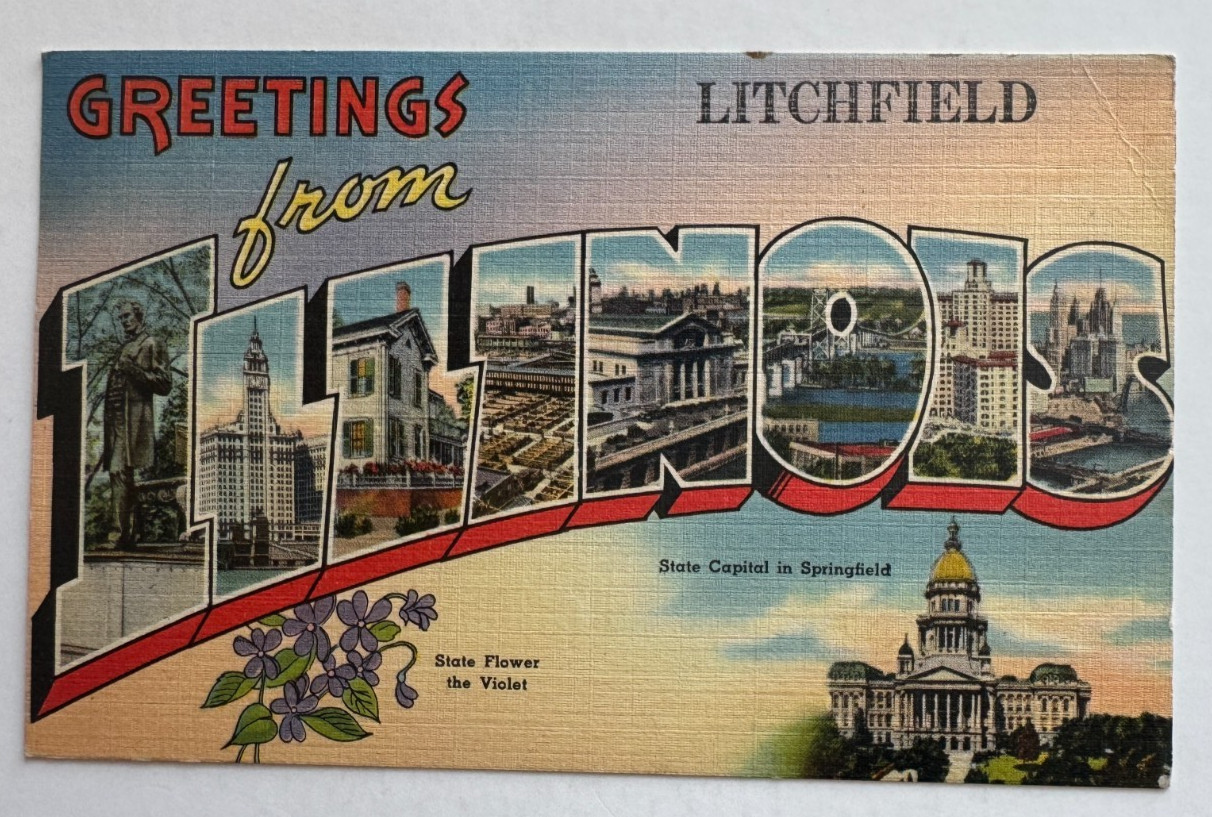 1945 IL Postcard Greetings From Litchfield Illinois large letters vintage