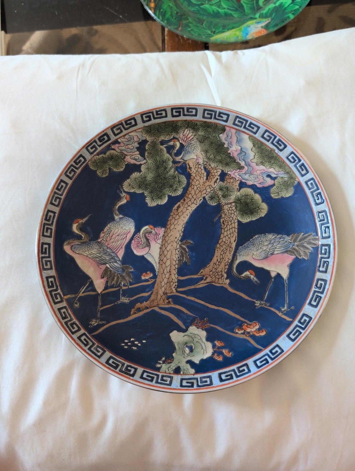 Vintage Chinese Export Porcelain Charger Plate Cobalt Blue Crane Pine Tree 10.2\
