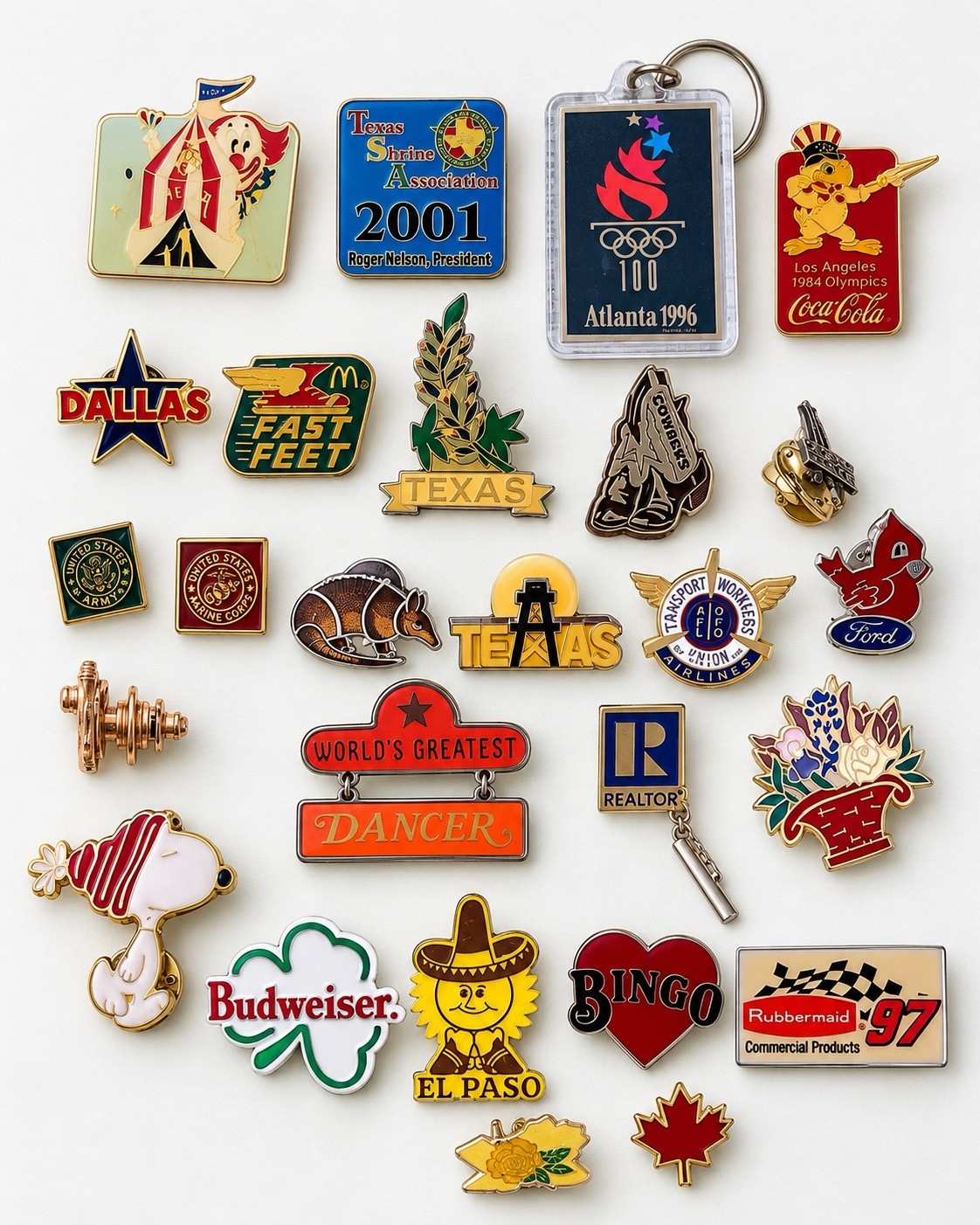 Vtg Estate Pin Lot 25pc Texas Dallas Olympics McDonalds Snoopy Military Enamel