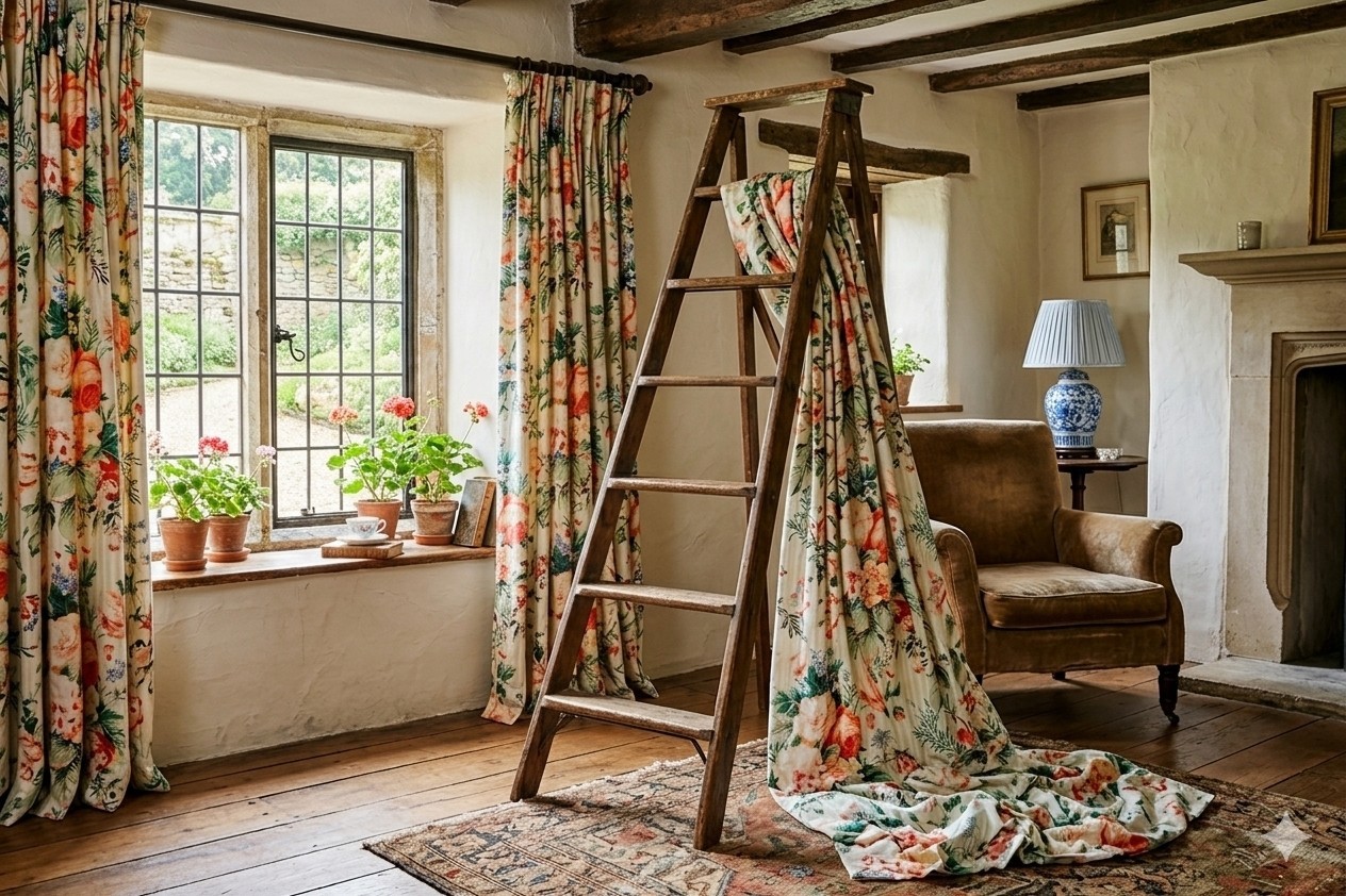2 Drapes Battersea Classic English Huge Tangerine & Red  Floral  Ivory OPENSTOCK