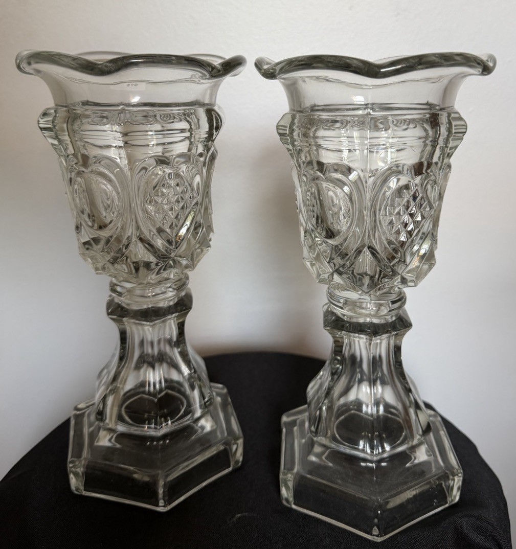 Pair Antique EAPG Pressed Glass Vases Heart Diamond Point Hexagonal Base c1880