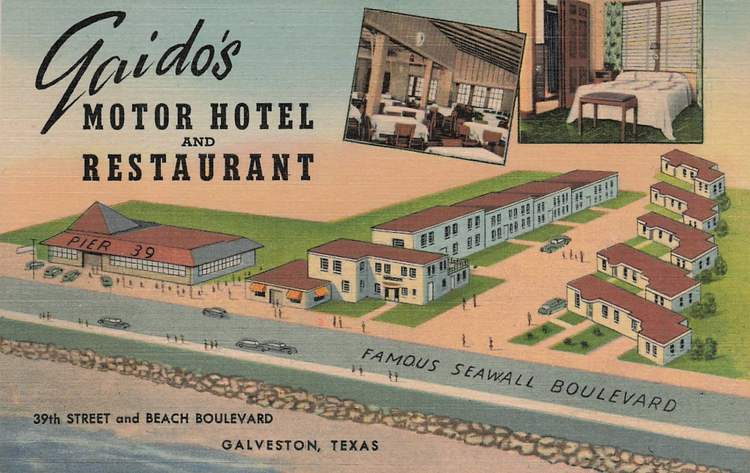 Vintage Gaido\'s Motor Hotel Restaurant Pier 39 Galveston Texas Postcard