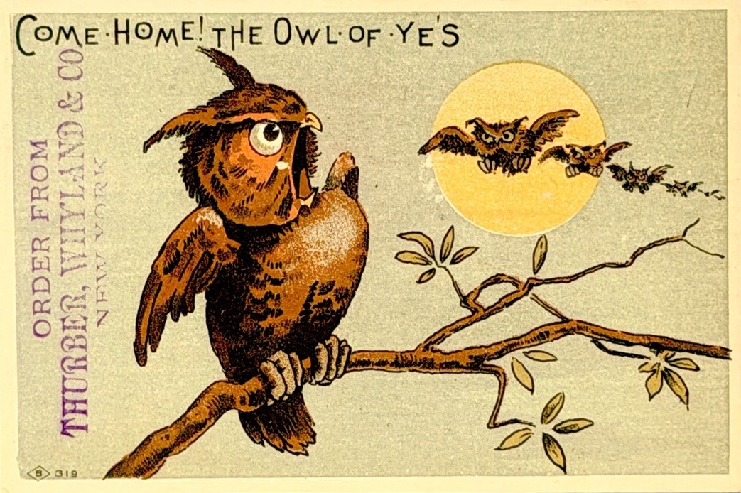 Kenton Baking Powder Victorian Trade Card c1882 Humorous Owl Moon Potter Parlin
