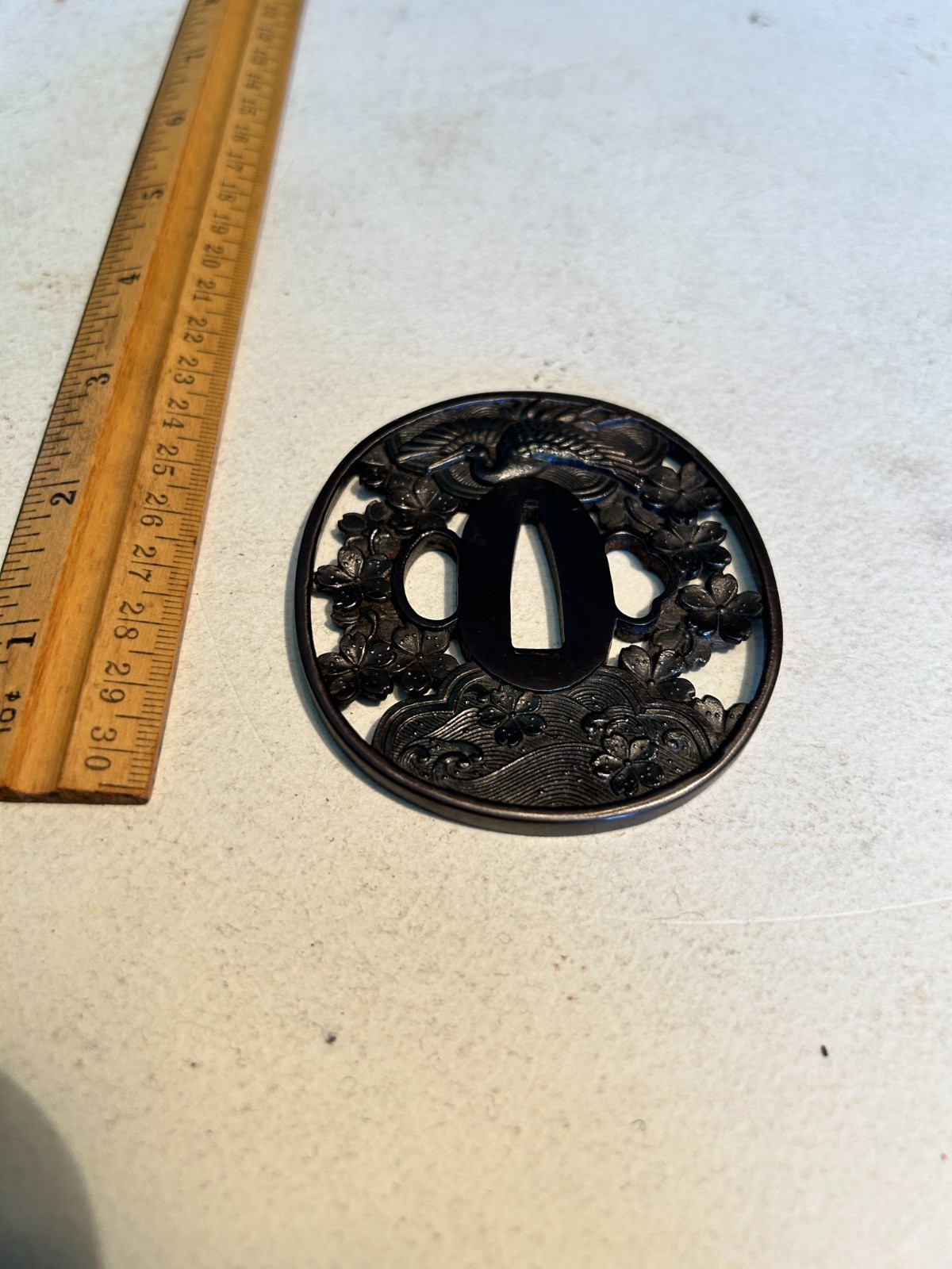 Hanwei Paul Chen Samurai Crane/Flowers Design Iron Katana Size Tsuba
