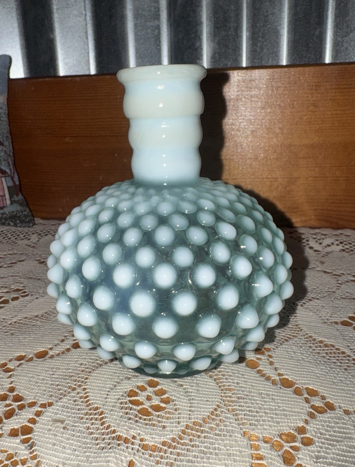 Vintage Blue Opalescent Hobnail Glass Perfume Cologne Bottle Vase 5”