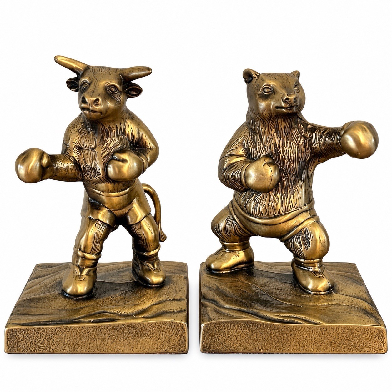 Vintage 1996 Sarsaparilla Bull & Bear Boxing Bookends Brass Wall Street USA