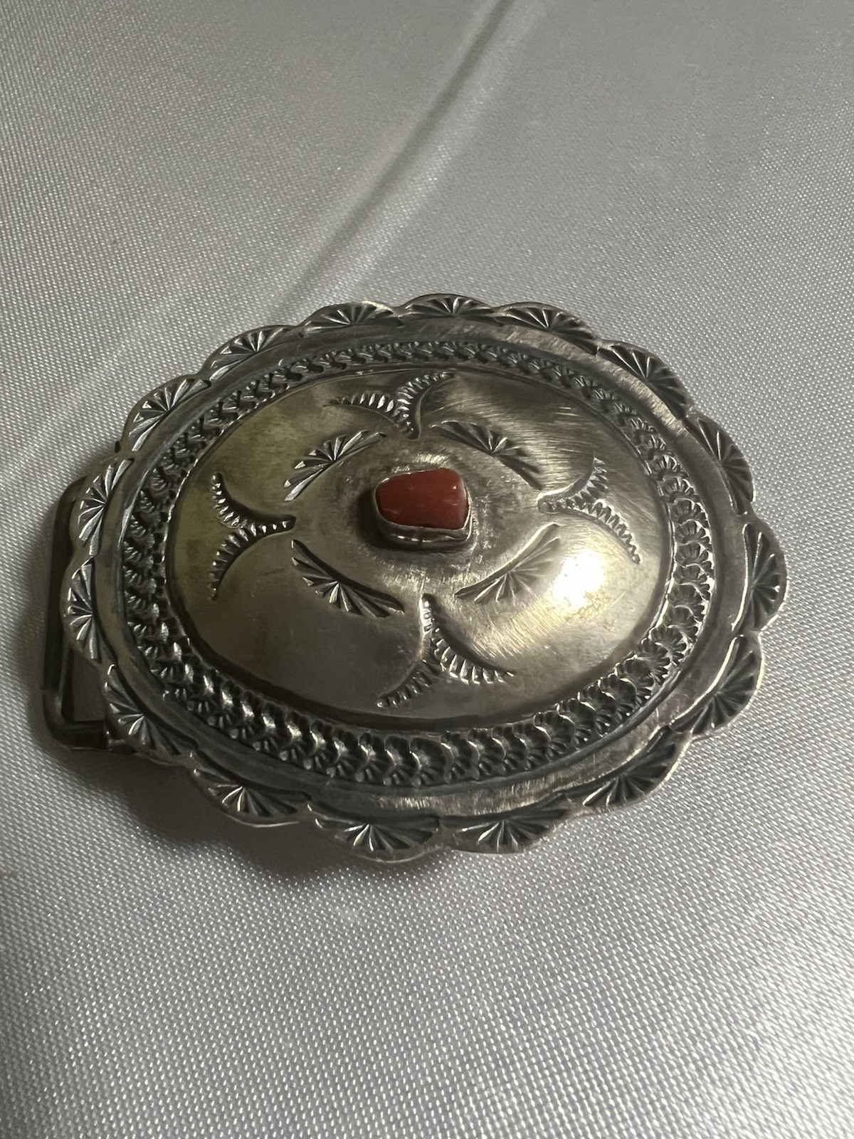 Vintage Navajo Sterling Silver Coral Belt Buckle Herbert Ration Signed 2\