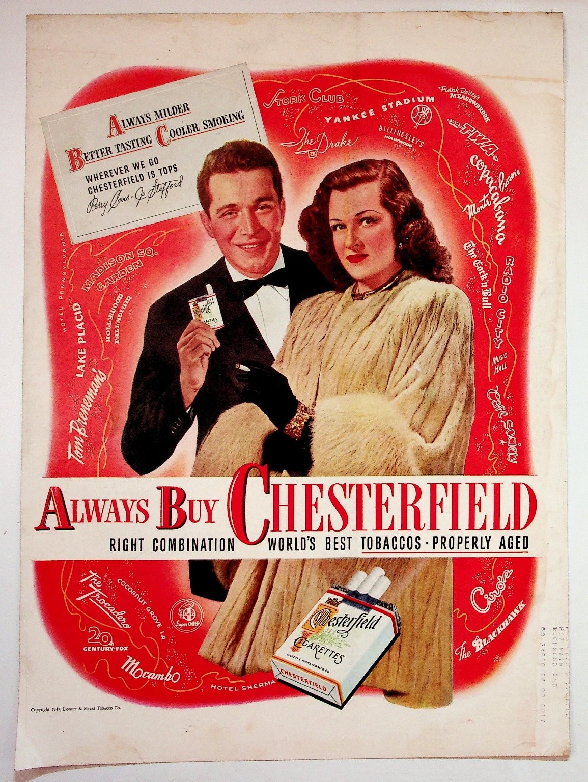 1947 Chesterfield Cigarettes Ad Perry Como Jo Stafford Stork Club Yankee Stadium