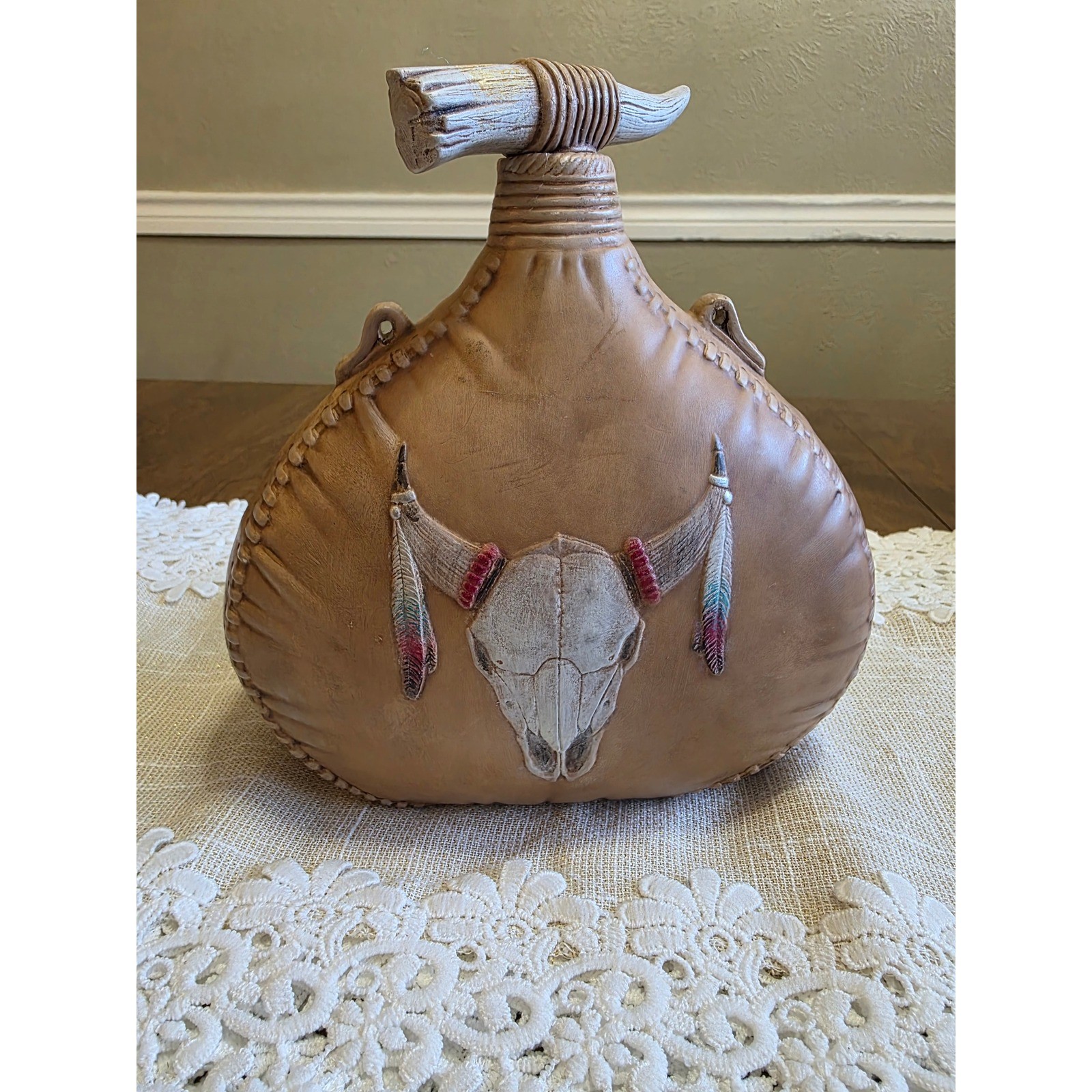Vintage 1992 Signed Native American Style Resin Canteen Buffalo Skull Decor 8.5