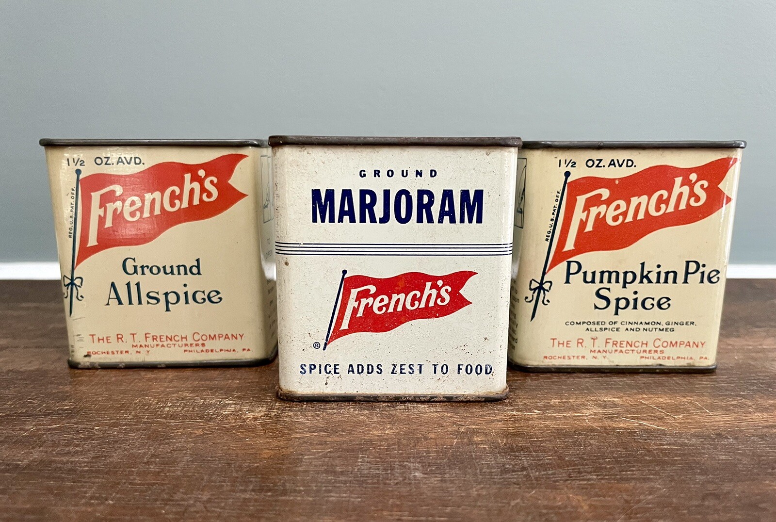 Vintage French's Spice Tins Lot of 3 Pumpkin Pie Allspice Marjoram Farmhouse