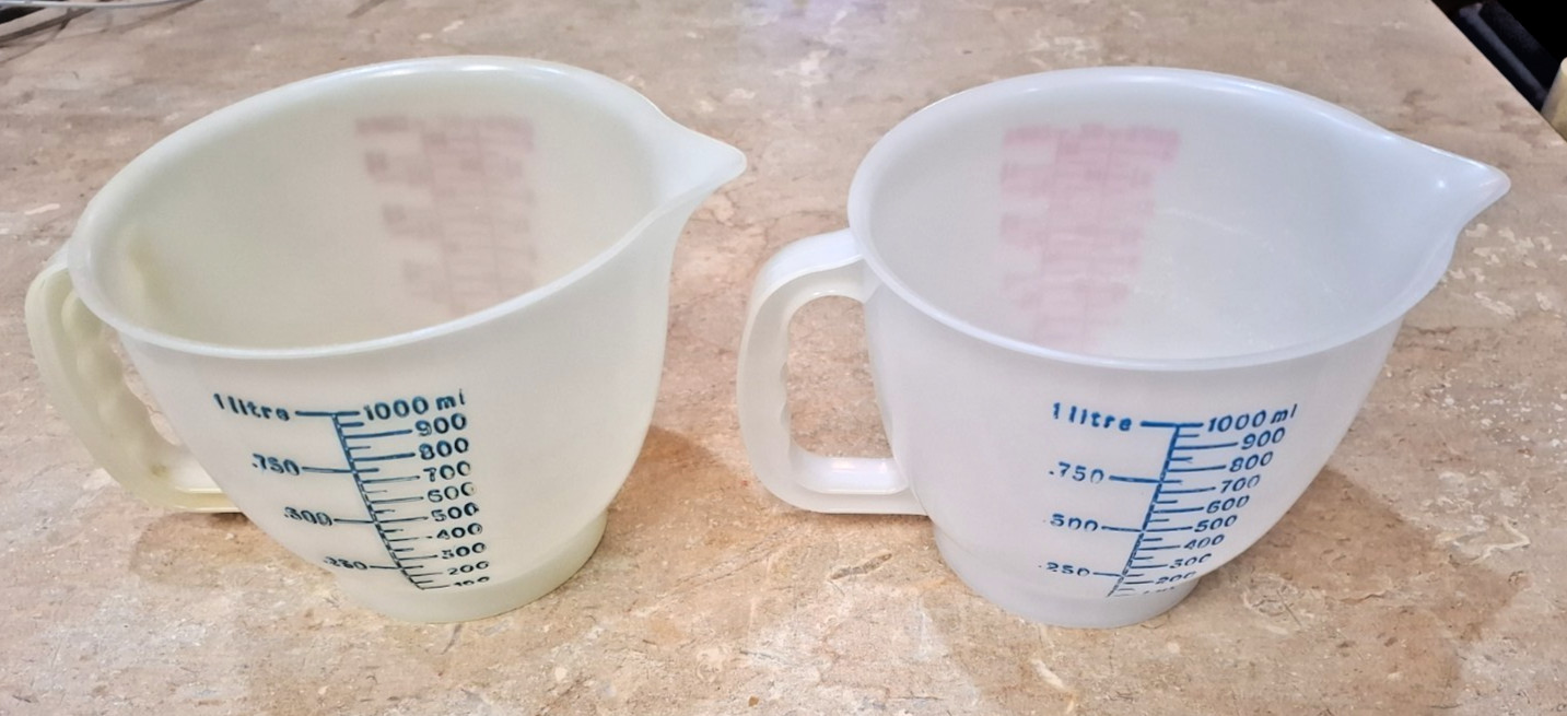 2 Pcs. Vintage Tupperware 4 Cup Measuring Pitcher 1288-6 Blue/Red Letters No Lid
