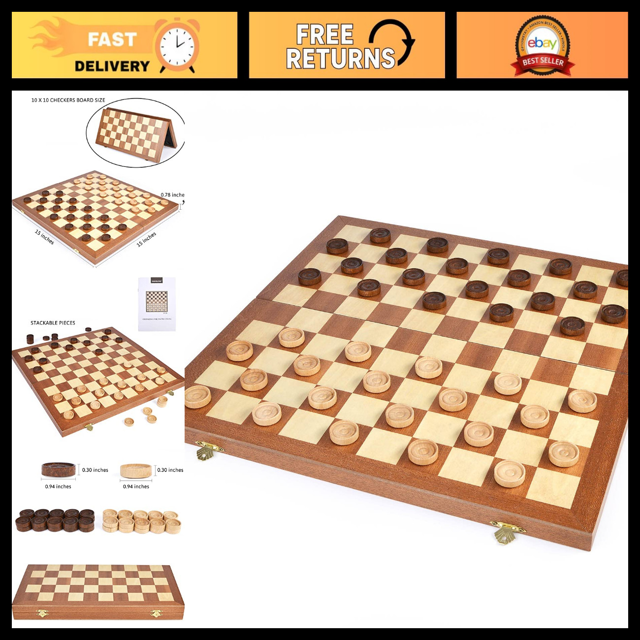 15inch Checkers Folding Wooden Game Set, 100 Square Checkerboard International C