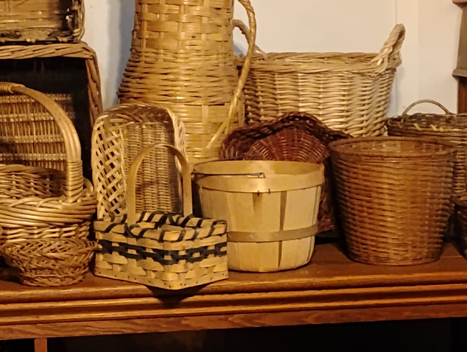 Woven Wicker & Wood Storage Basket Lot, Brown Farmhouse Country, Handles