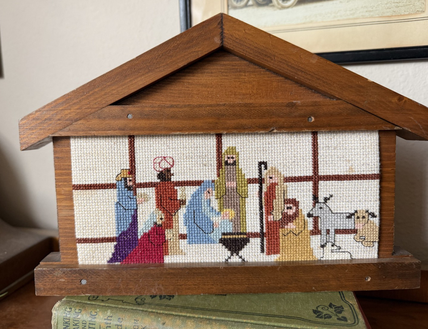 Christmas Completed Cross Stitch Nativity Scene Handmade Wall Hanging Decor Wood