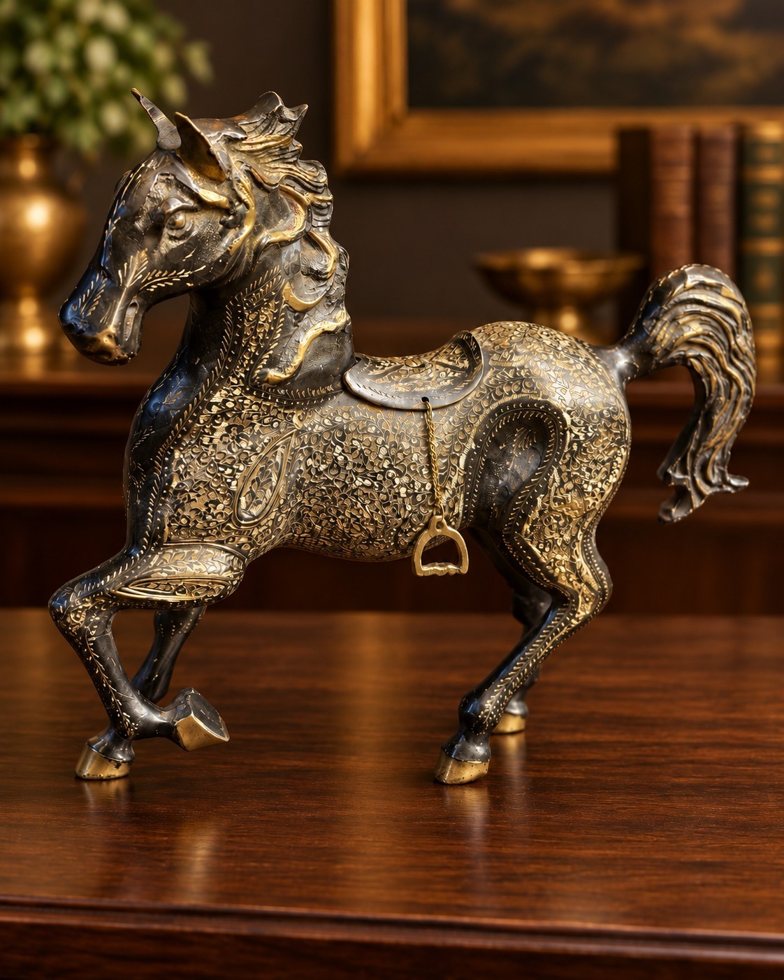Large Vintage Indian Brass Horse Sculpture Black Gold Etched Floral 16\