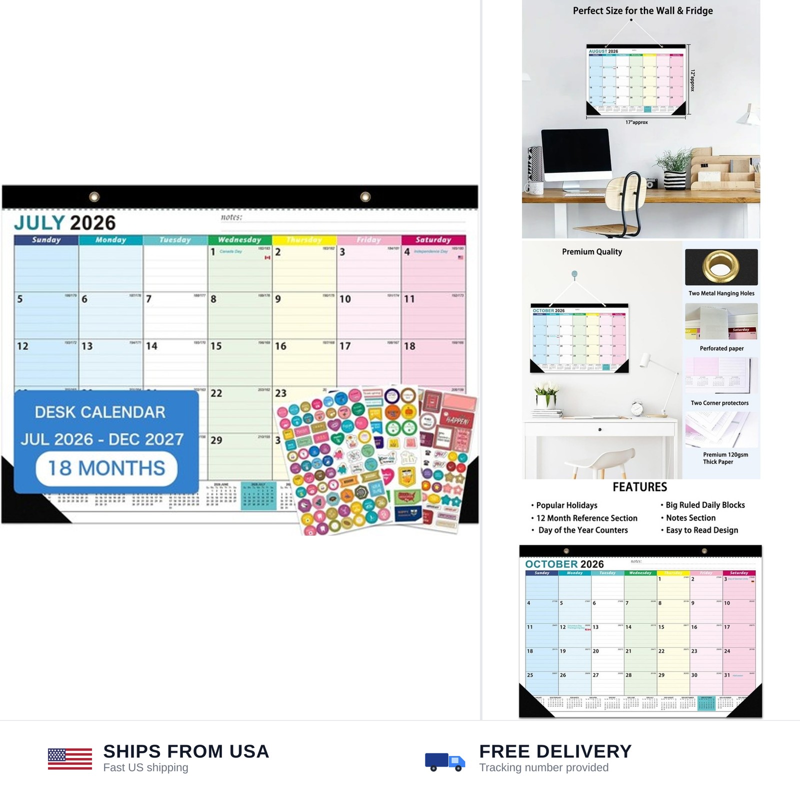 18 Month Desk Calendar 2026-2027 July-December 17x12 Large Thick Paper