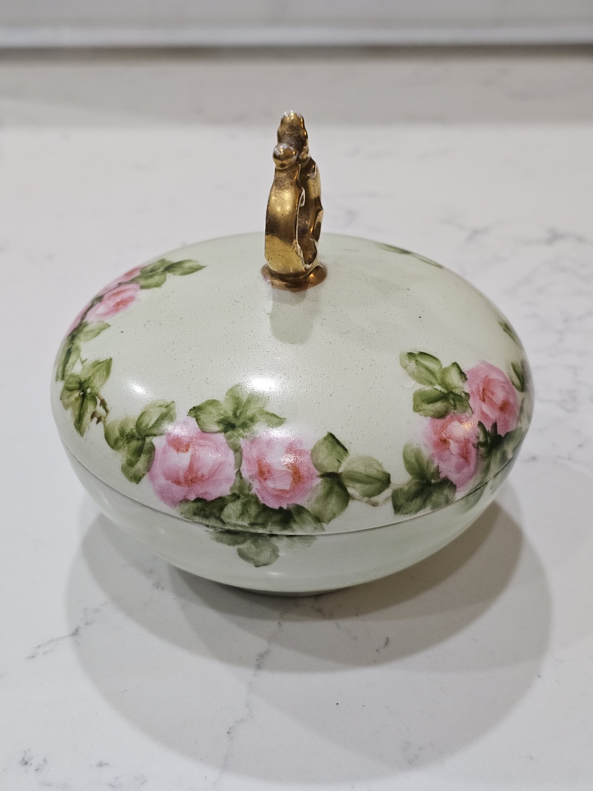 Antique T&V LIMOGES France Hand Painted Porcelain Powder Trinket Jar Bowl  Roses