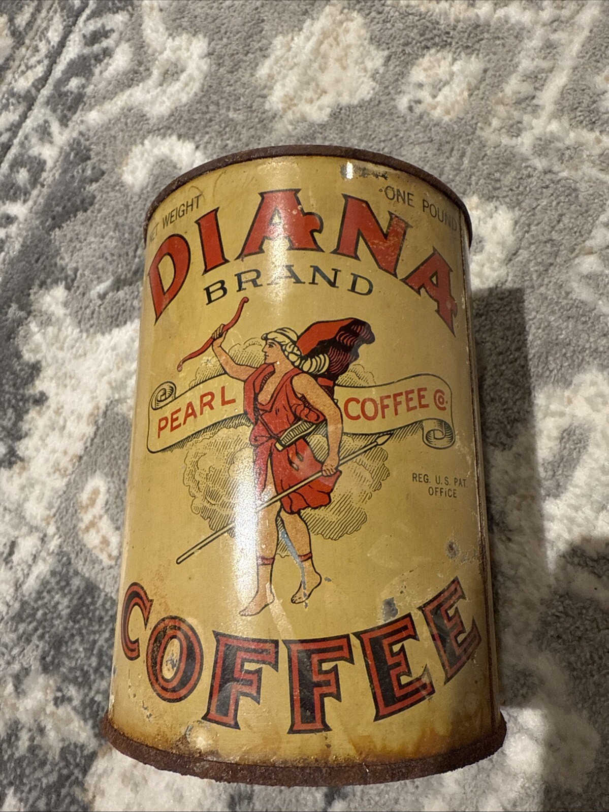 Antique Early Tin Litho Diana 1 Lb Coffee Can Pearl Coffee Akron OH Pry Lid 5.75